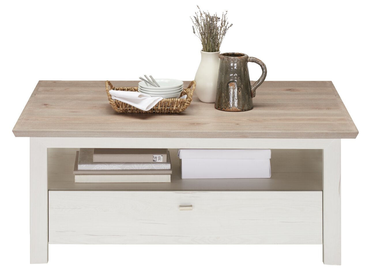 Moderner Couchtisch CAMRON mit Holzoptik, dekoriert mit Geschirr und Vase, Frontalansicht.