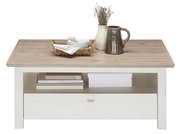 Moderner Couchtisch CAMRON mit Holzoptik, dekoriert mit Geschirr und Vase, Frontalansicht.