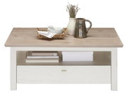 Moderne salontafel CAMRON met houtlook, versierd met serviesgoed en een vaas, vooraanzicht.