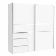 Weißer Schwebetürenschrank mit drei Schubladen, seitliche Perspektive