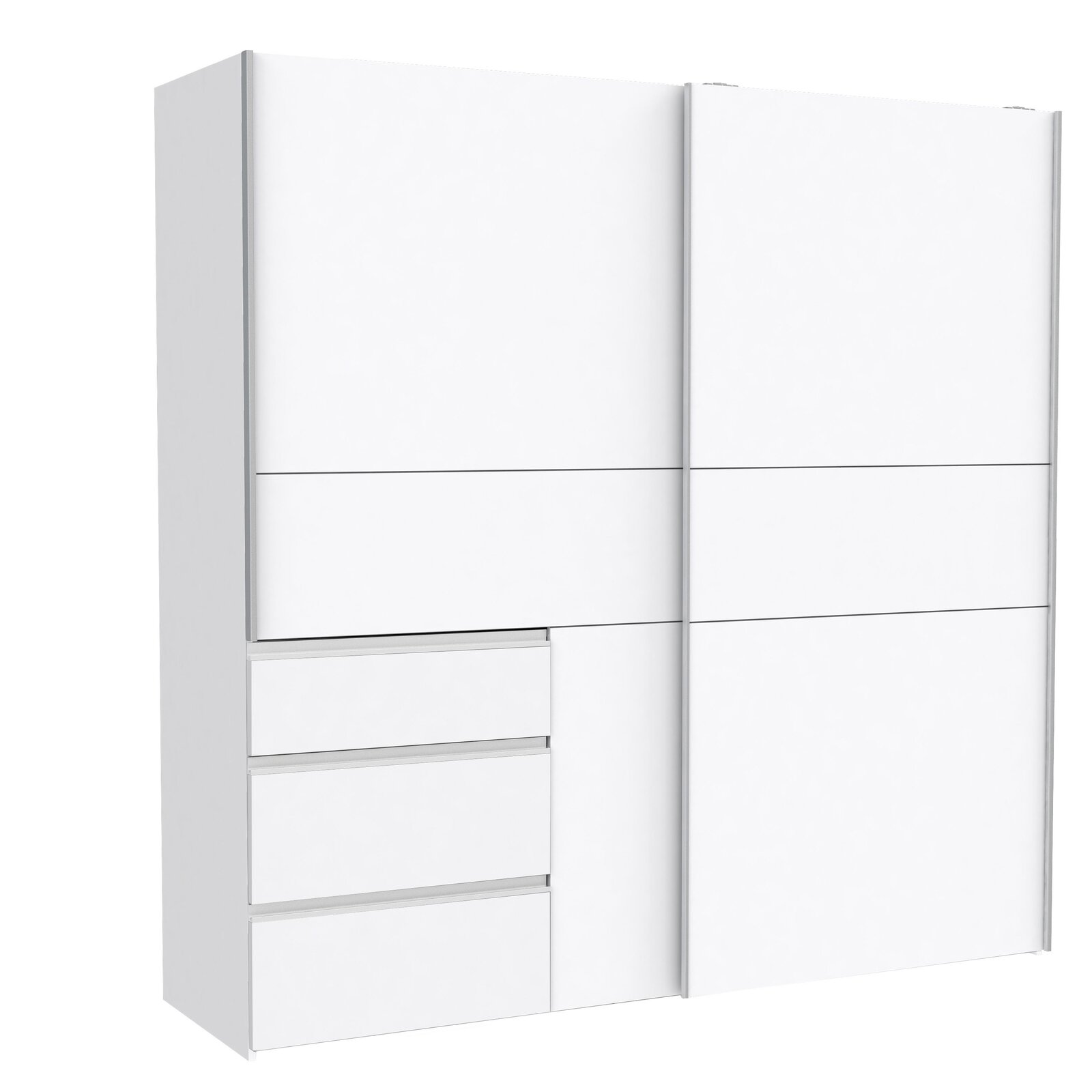 Weißer Schwebetürenschrank mit drei Schubladen, seitliche Perspektive