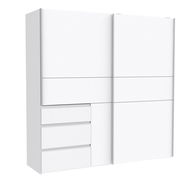 Weißer Schwebetürenschrank mit drei Schubladen, seitliche Perspektive