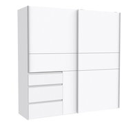 Weißer Schwebetürenschrank mit drei Schubladen, seitliche Perspektive