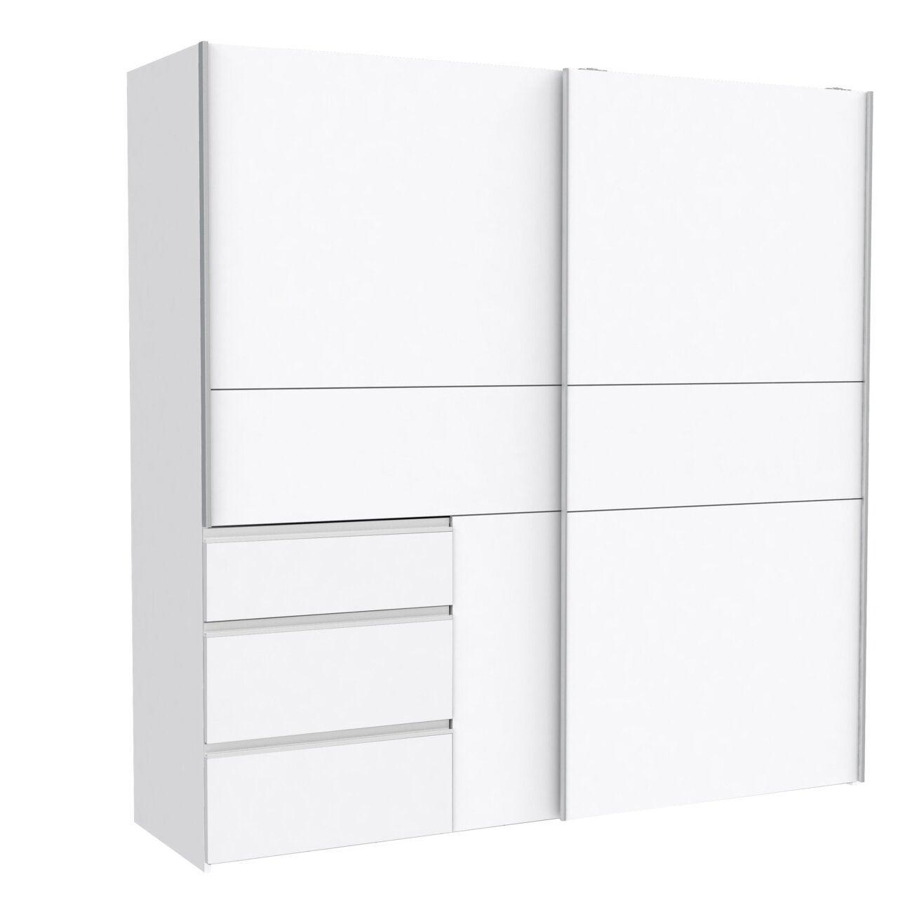 Weißer Schwebetürenschrank mit drei Schubladen, seitliche Perspektive