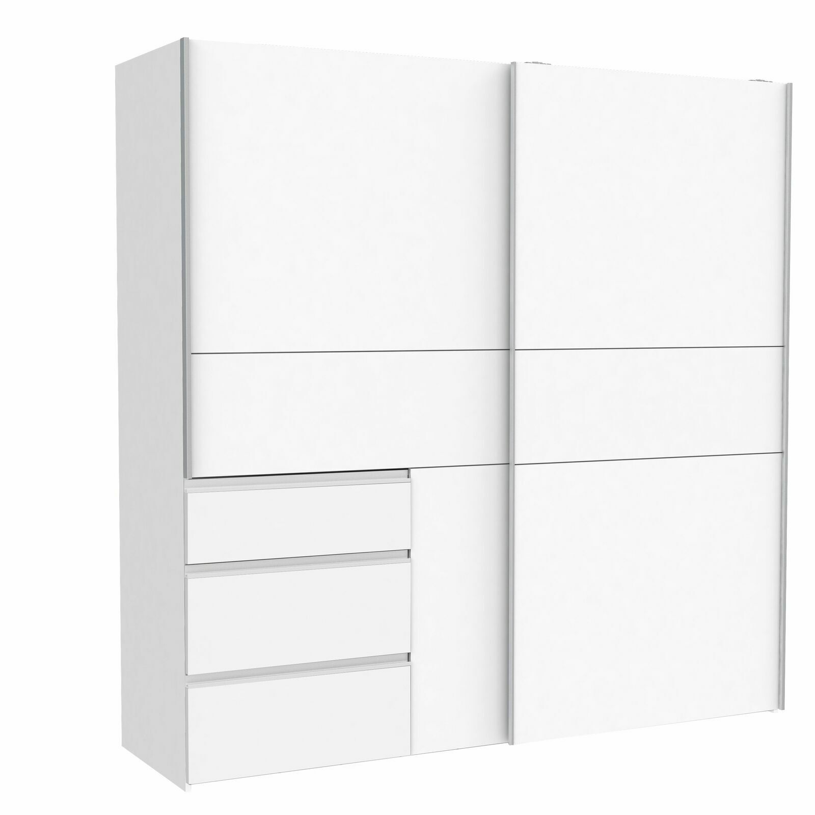 Weißer Schwebetürenschrank mit drei Schubladen, seitliche Perspektive