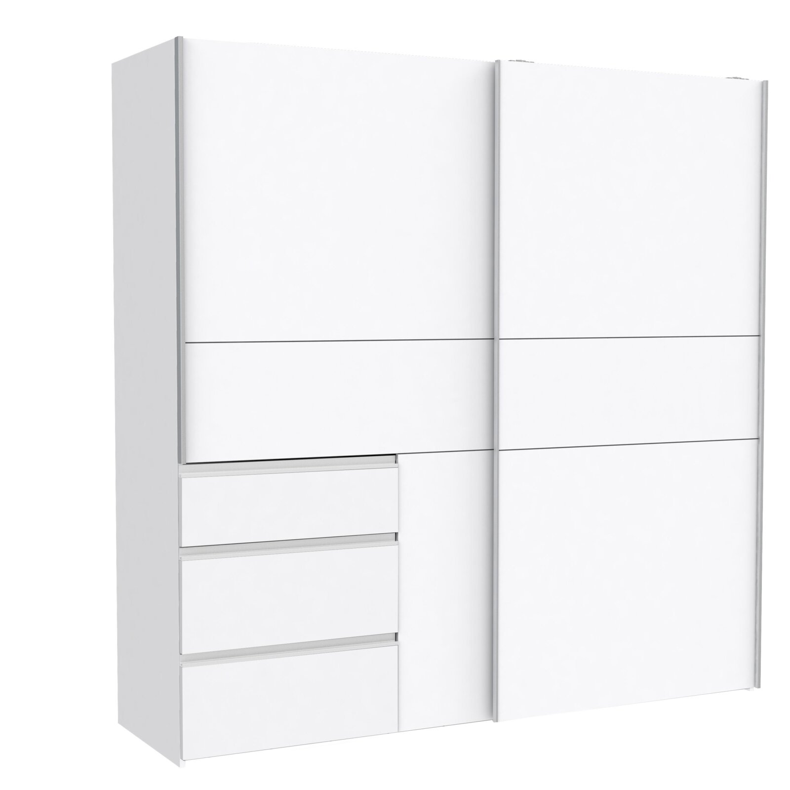 Z2 Schwebetürenschrank WINN2 Weißer Schwebetürenschrank mit drei Schubladen, seitliche Perspektive