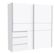 Weißer Schwebetürenschrank mit drei Schubladen, seitliche Perspektive