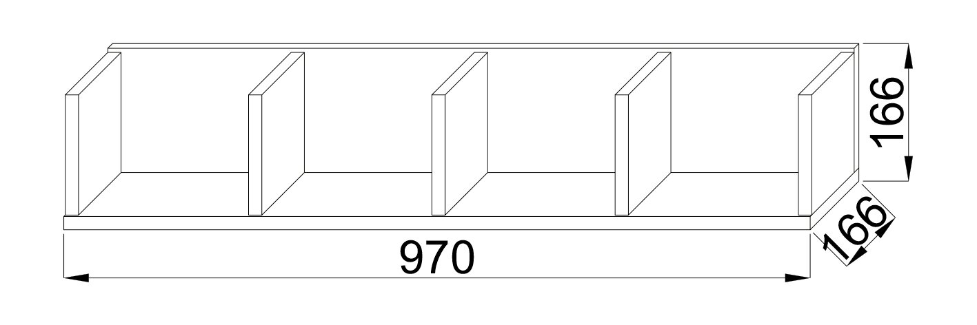 Technische Strichzeichnung eines offenen Wandregals mit fünf Fächern, Maße 970 × 166 × 166 mm, perspektivische Ansicht von vorn rechts.