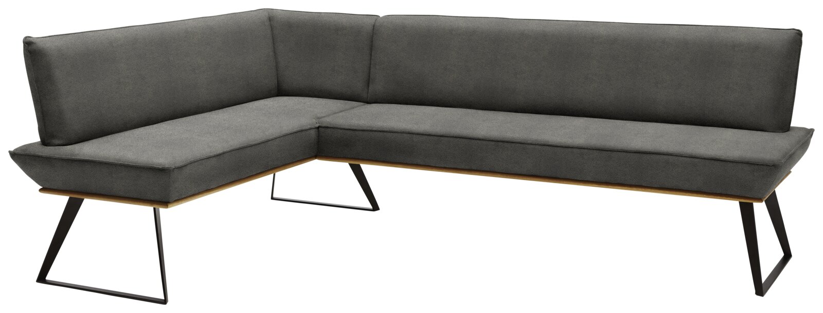 Moderne Eckbank in L-Form mit grauem Stoffbezug und schwarzen Metallbeinen, seitliche Perspektive