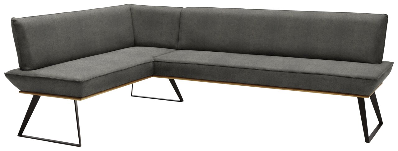 Moderne Eckbank in L-Form mit grauem Stoffbezug und schwarzen Metallbeinen, seitliche Perspektive
