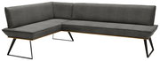 Moderne Eckbank in L-Form mit grauem Stoffbezug und schwarzen Metallbeinen, seitliche Perspektive