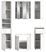 Moderne weiße Badkombination mit verschiedenen Schrankelementen, frontal abgebildet