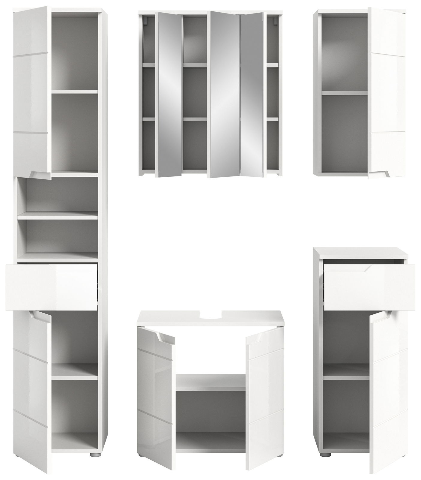 Moderne weiße Badkombination mit verschiedenen Schrankelementen, frontal abgebildet