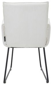 Rückansicht eines Armlehnstuhls mit gestreiftem Stoffbezug und schwarzen Metallbeinen.