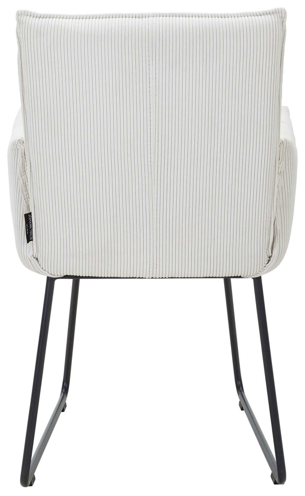 Rückansicht eines Armlehnstuhls mit gestreiftem Stoffbezug und schwarzen Metallbeinen.