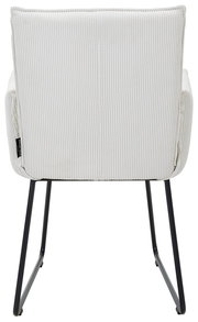 Rückansicht eines Armlehnstuhls mit gestreiftem Stoffbezug und schwarzen Metallbeinen.