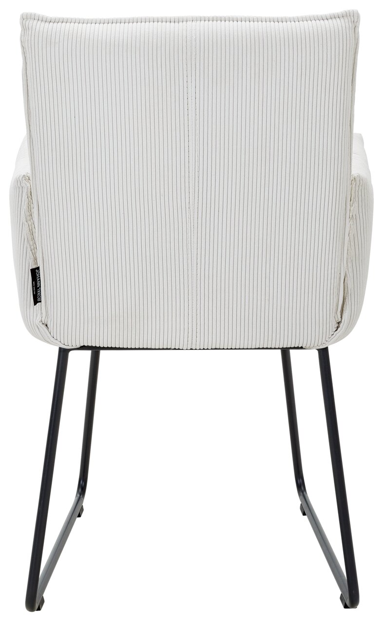 Rückansicht eines Armlehnstuhls mit gestreiftem Stoffbezug und schwarzen Metallbeinen.