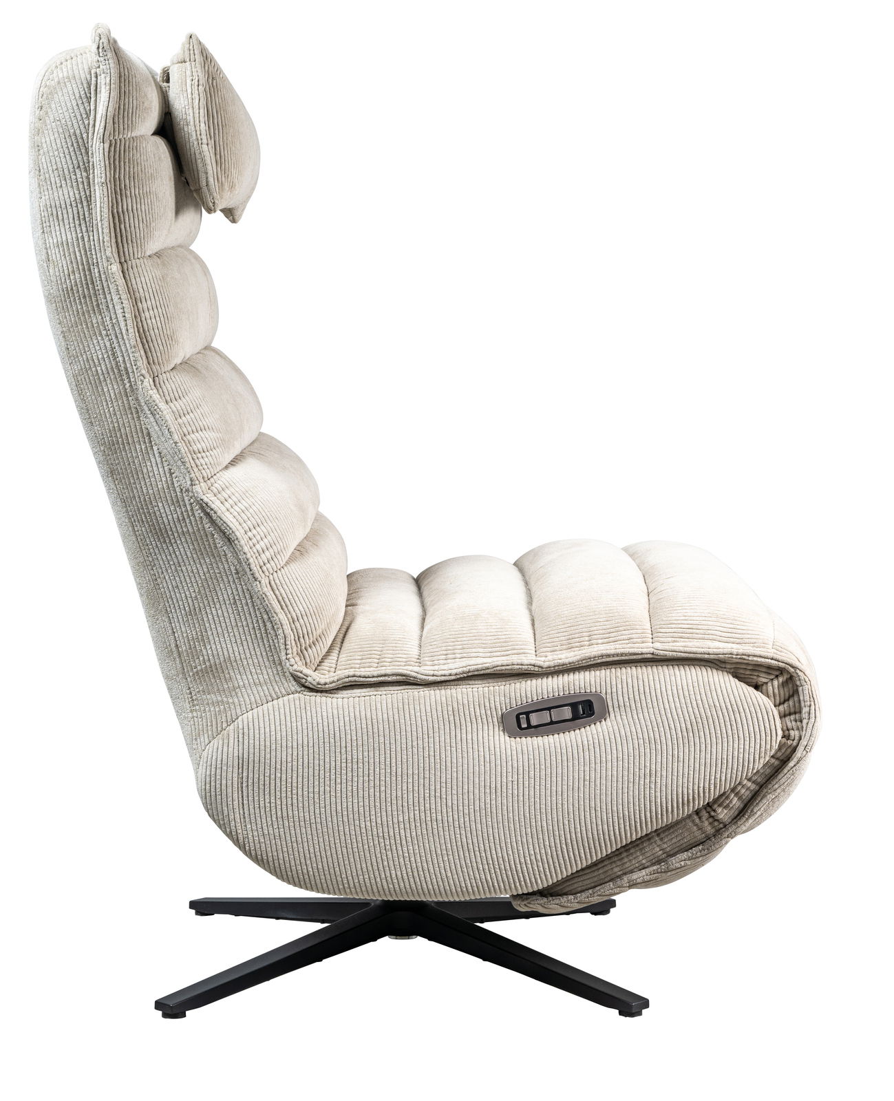 Seitenansicht einer beigen Relaxliege mit gepolstertem Design und verstellbarer Kopfstütze auf einem schwarzen Drehfuß.