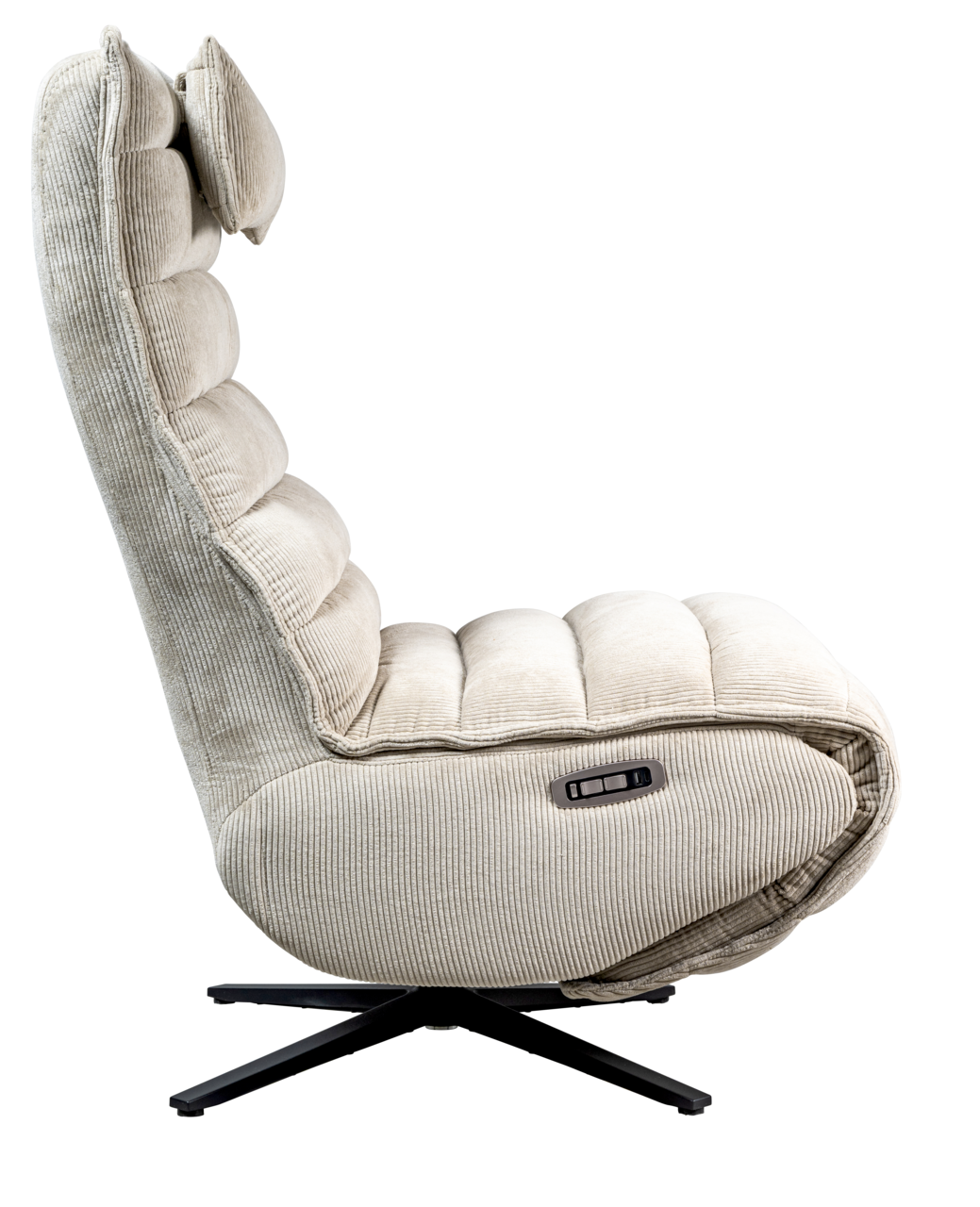 Seitenansicht einer beigen Relaxliege mit gepolstertem Design und verstellbarer Kopfstütze auf einem schwarzen Drehfuß.