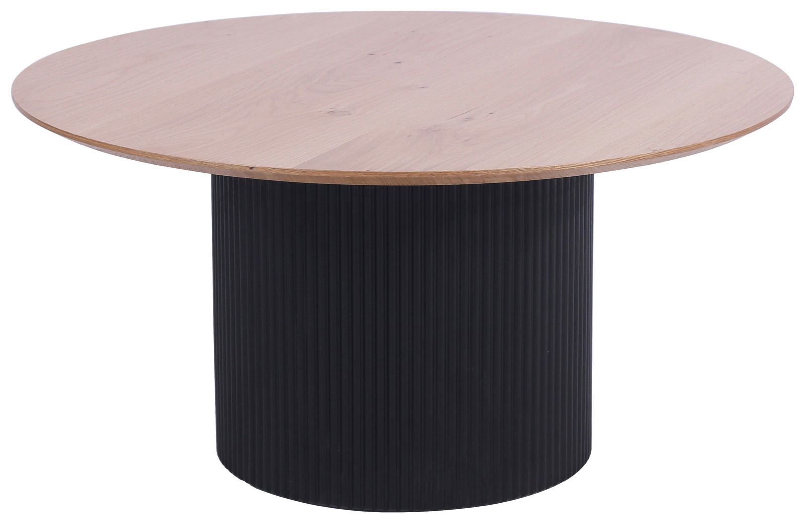 Runder Couchtisch mit einer Holzplatte und einem schwarzen, geriffelten Zylinderfuß, seitliche Perspektive