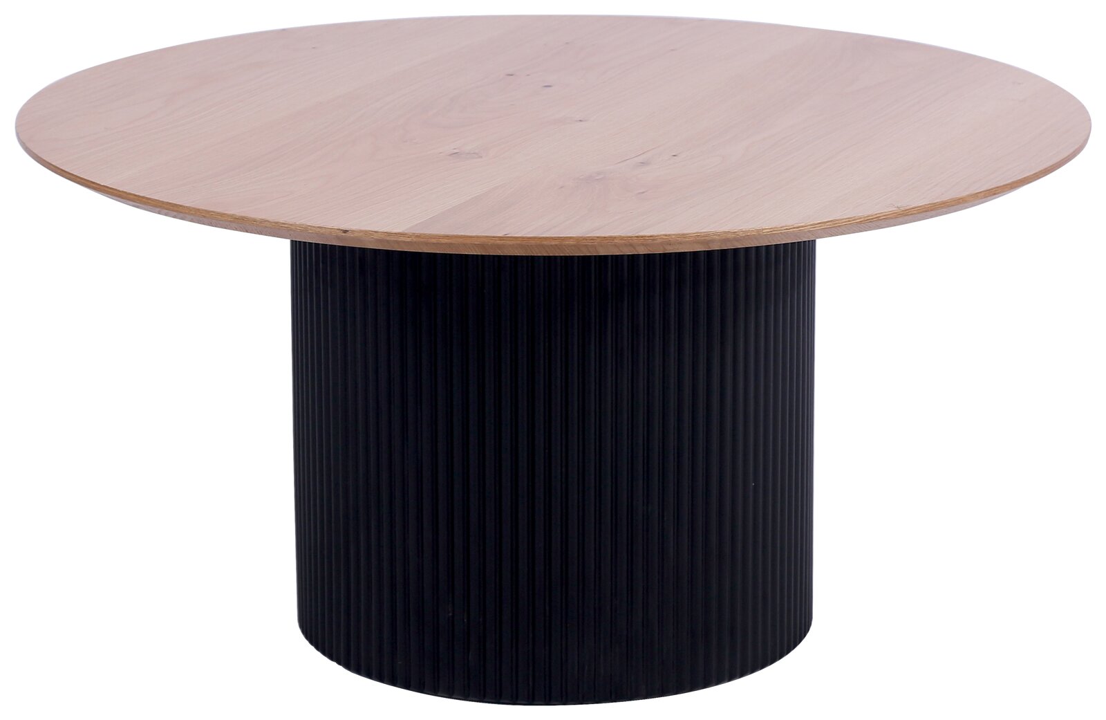 Runder Couchtisch mit einer Holzplatte und einem schwarzen, geriffelten Zylinderfuß, seitliche Perspektive