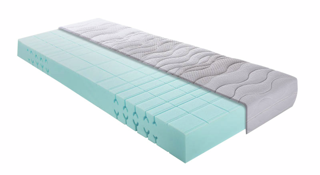 Z2 Kaltschaummatratze H2 LLQ+ Kaltschaummatratze H2 90 x 200 cm, seitliche Perspektive mit sichtbarem Schaumstoffkern und abnehmbarem Bezug.