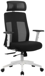 Moderner schwarzer Drehstuhl mit Netzrückenlehne und Kopfstütze, seitliche Perspektive