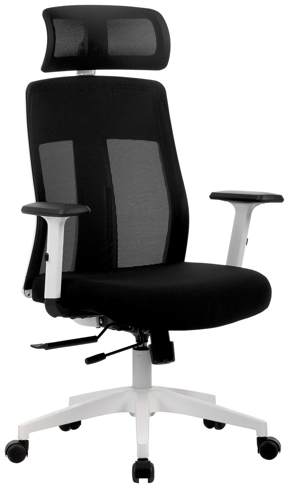 Novel Drehstuhl MALU Moderner schwarzer Drehstuhl mit Netzrückenlehne und Kopfstütze, seitliche Perspektive