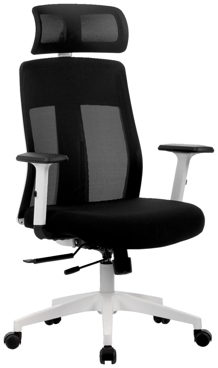 Novel Drehstuhl MALU Moderner schwarzer Drehstuhl mit Netzrückenlehne und Kopfstütze, seitliche Perspektive