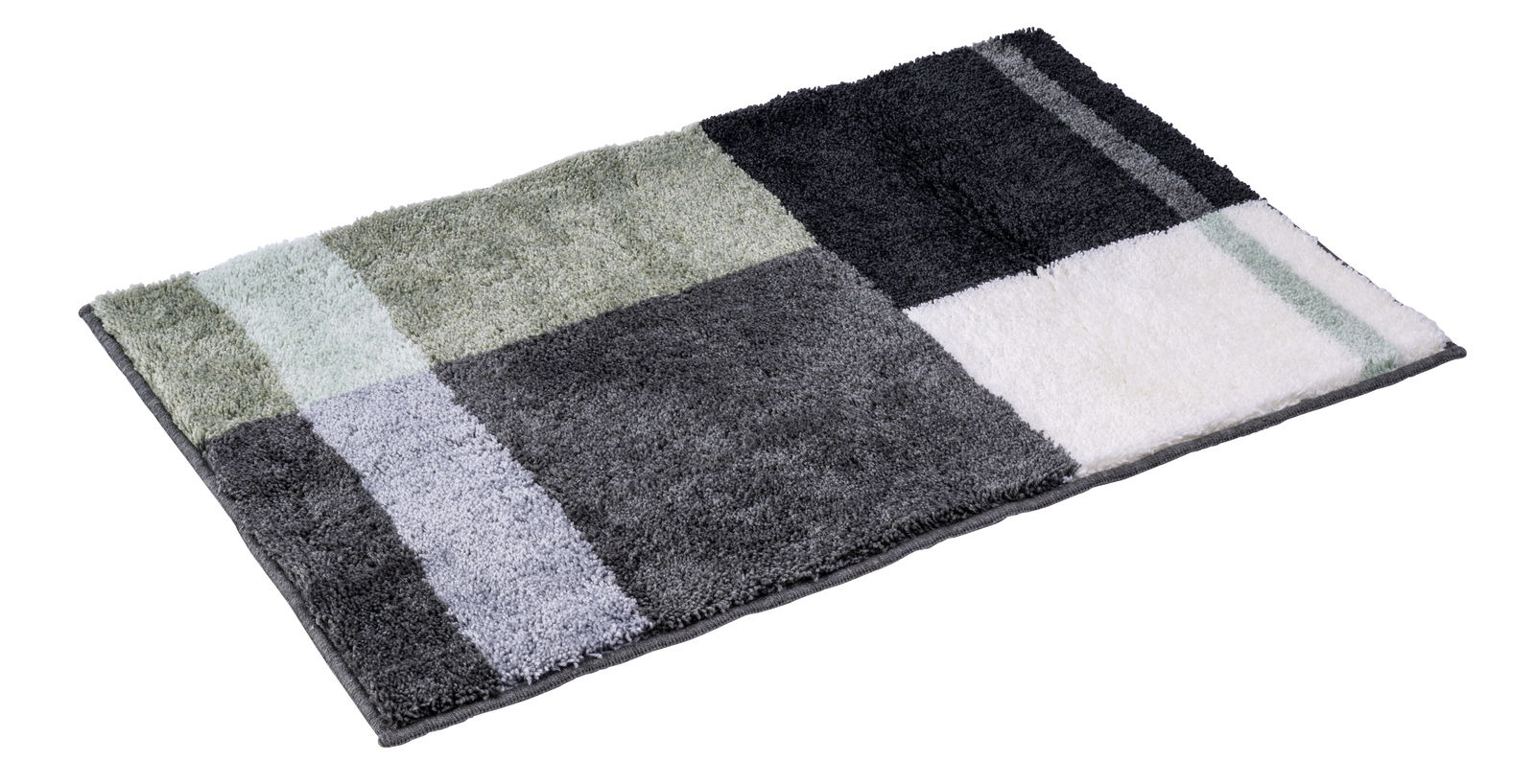 Badteppich in rechteckiger Form mit einem modernen Karomuster in verschiedenen Grautönen, Schwarz, Weiß und Grün, aus seitlicher Perspektive fotografiert.