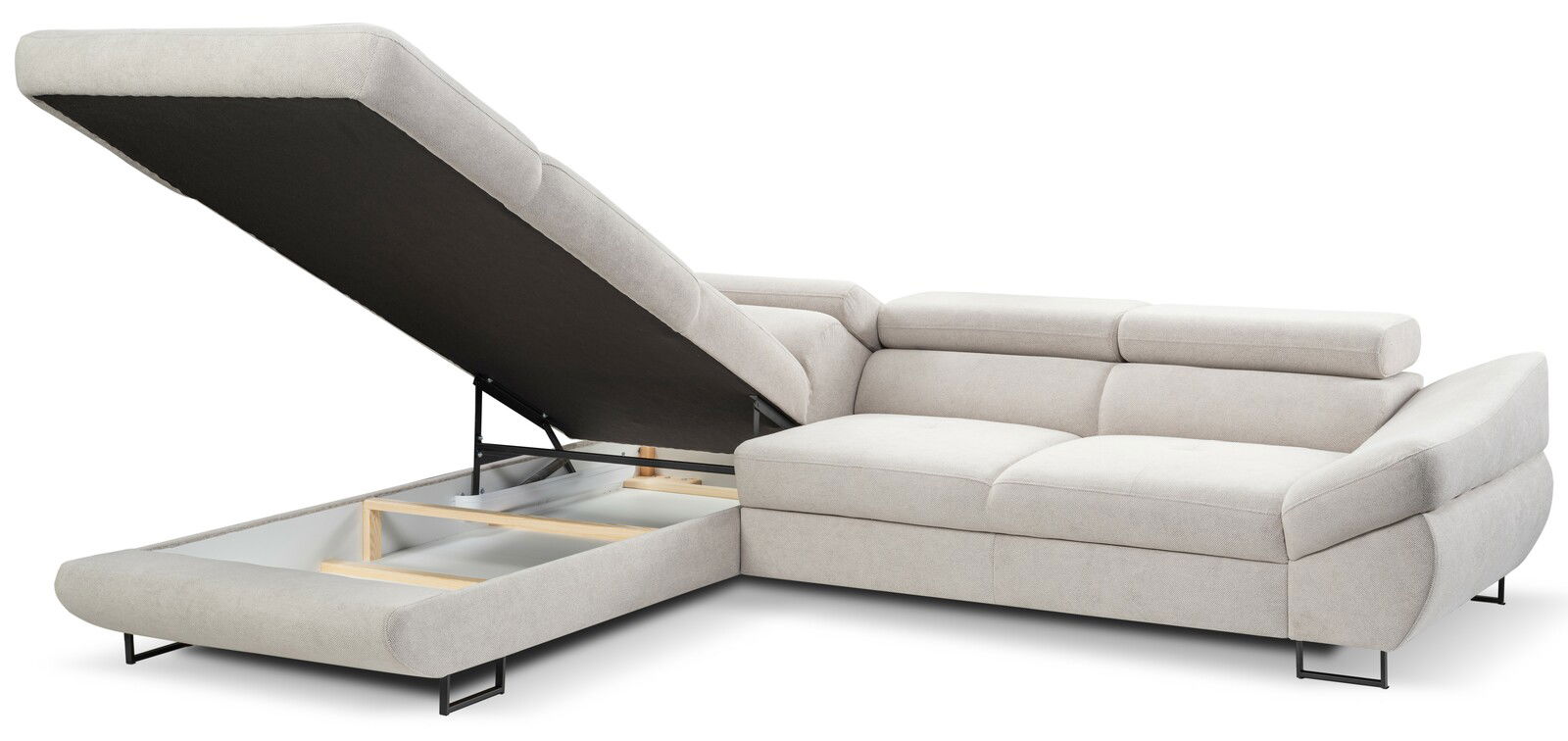 Beige Ecksofa mit verstellbarer Rückenlehne und Stauraum, Perspektive von vorne links