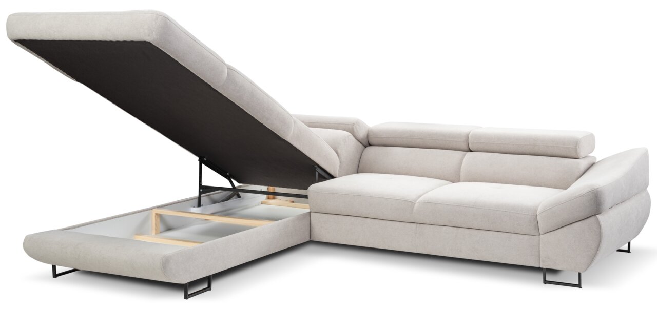 Beige Ecksofa mit verstellbarer Rückenlehne und Stauraum, Perspektive von vorne links
