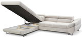 Beige Ecksofa mit verstellbarer Rückenlehne und Stauraum, Perspektive von vorne links