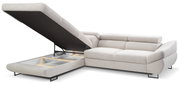 Beige Ecksofa mit verstellbarer Rückenlehne und Stauraum, Perspektive von vorne links