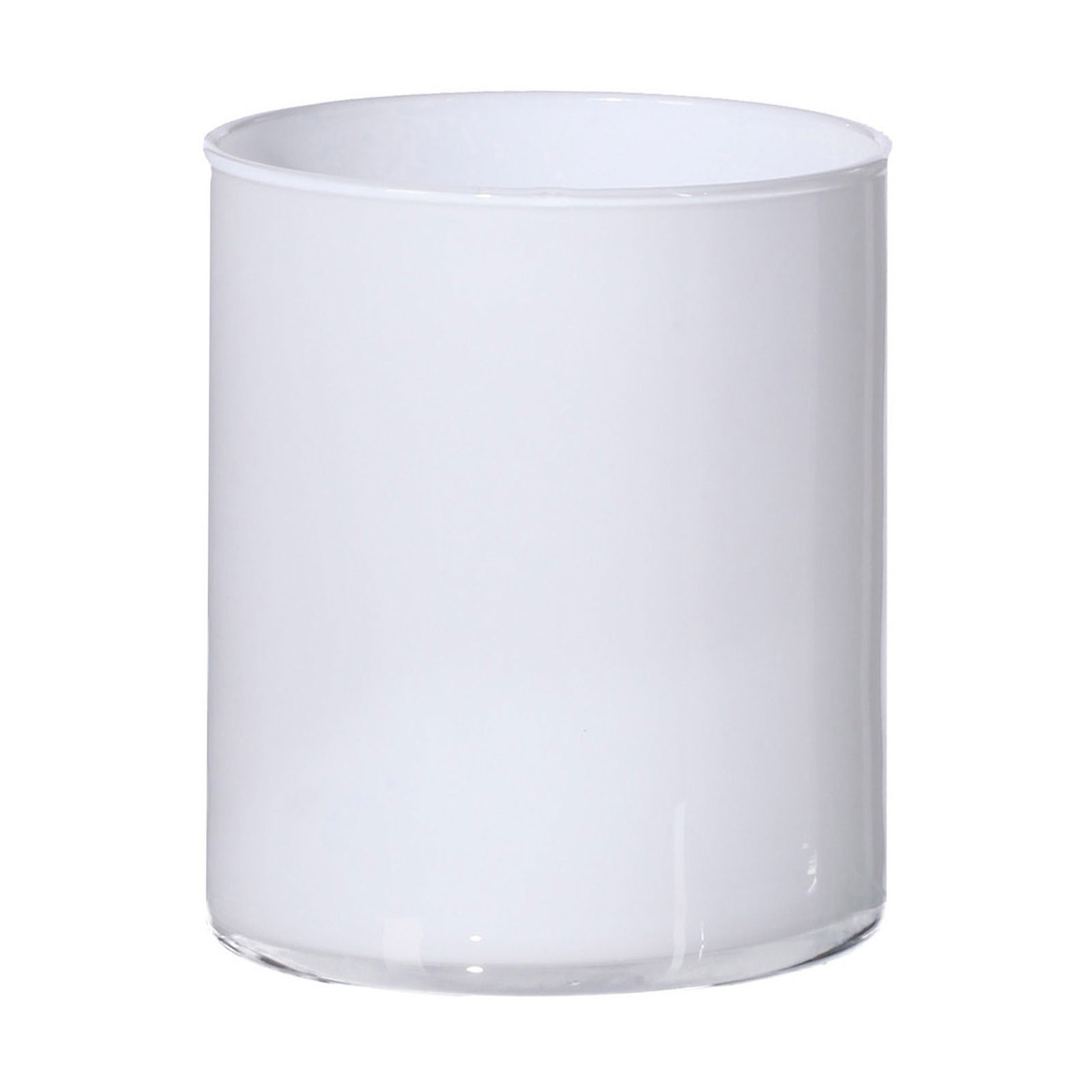 Weiße Glasvase in Zylinderform, frontal fotografiert