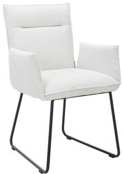 Weißer Armlehnstuhl mit gestreiftem Stoffbezug und schwarzen Metallbeinen, seitliche Perspektive