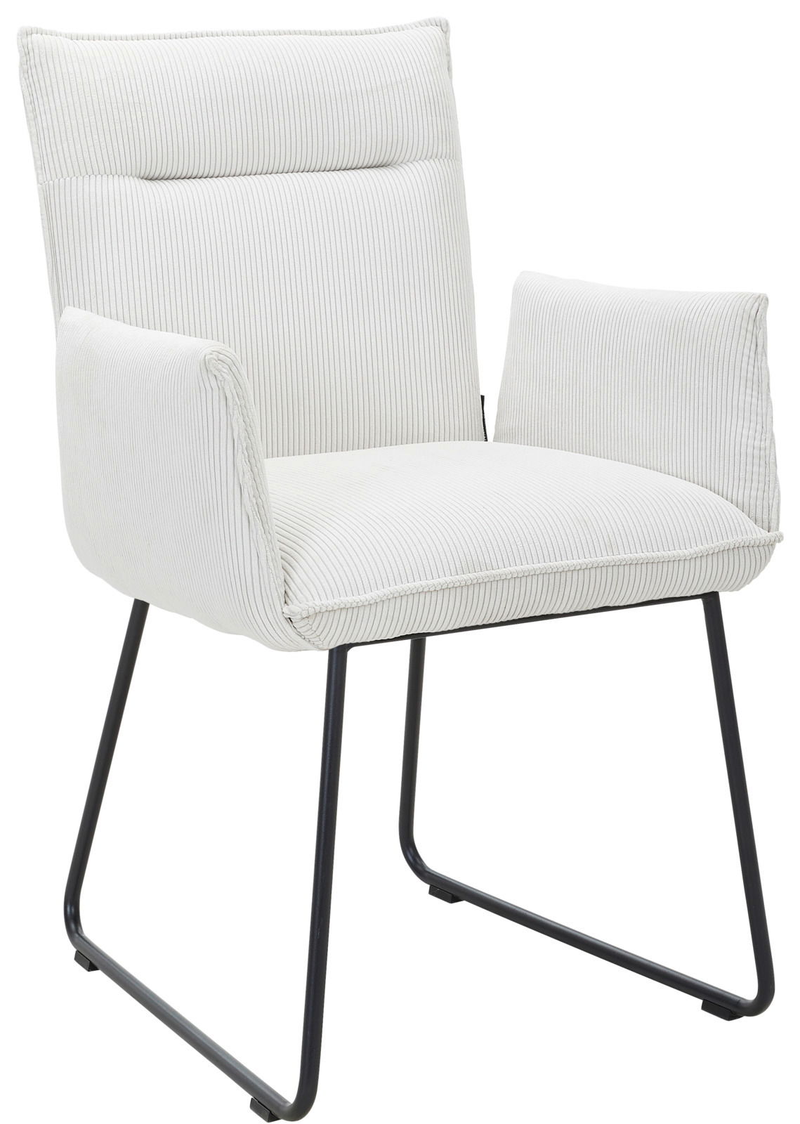 Johann Jakob Armlehnstuhl CALAS Weißer Armlehnstuhl mit gestreiftem Stoffbezug und schwarzen Metallbeinen, seitliche Perspektive