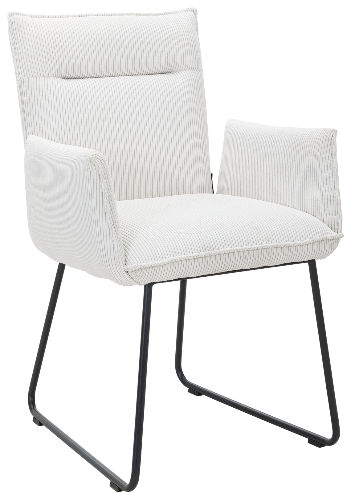 Weißer Armlehnstuhl mit gestreiftem Stoffbezug und schwarzen Metallbeinen, seitliche Perspektive