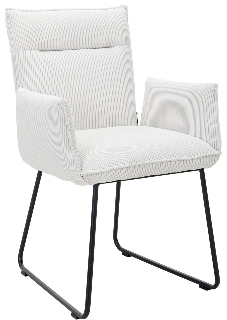 Johann Jakob Armlehnstuhl CALAS Weißer Armlehnstuhl mit gestreiftem Stoffbezug und schwarzen Metallbeinen, seitliche Perspektive