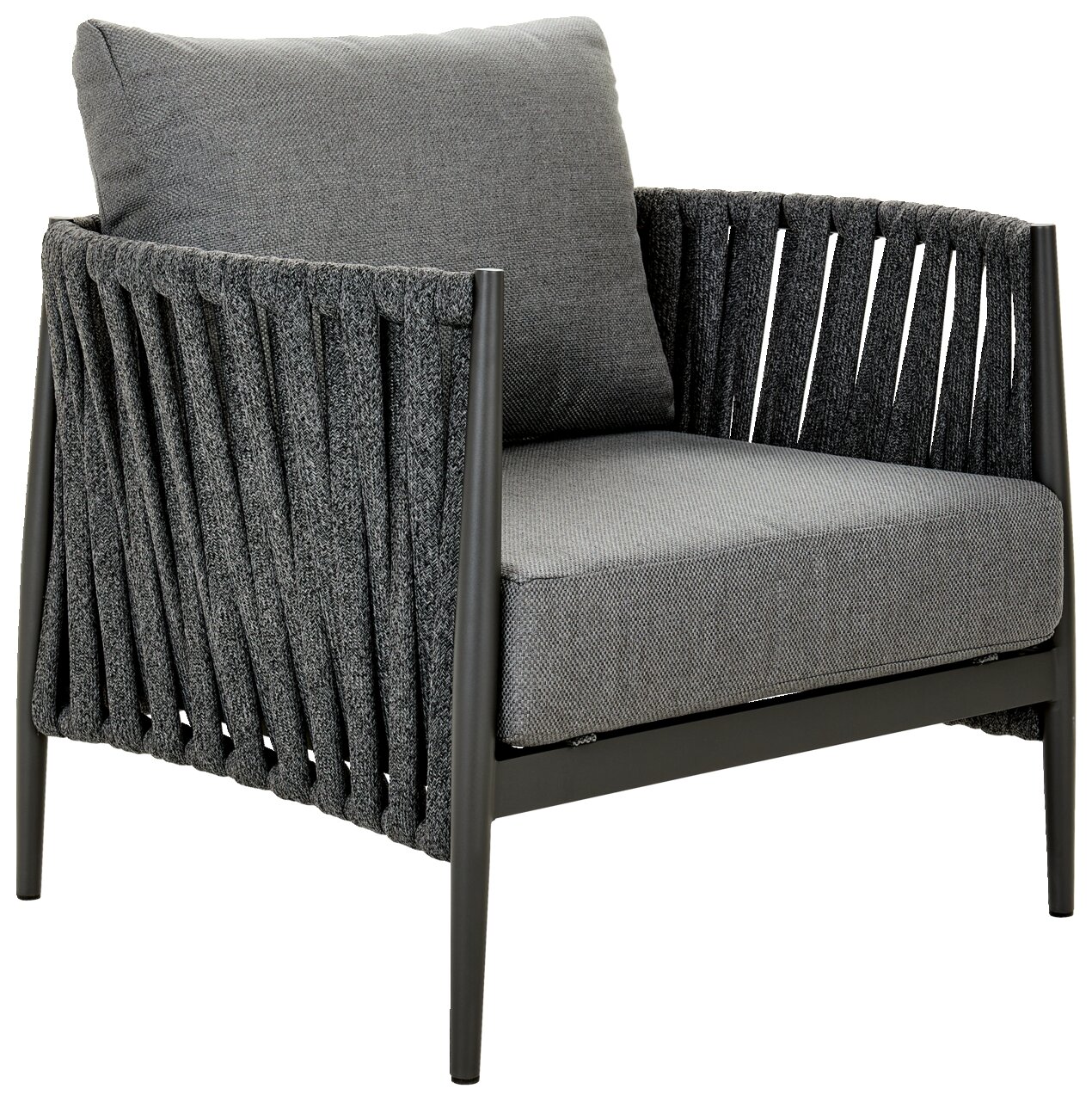 Grauer Loungesessel mit geflochtenen Seiten und Kissen, seitliche Perspektive