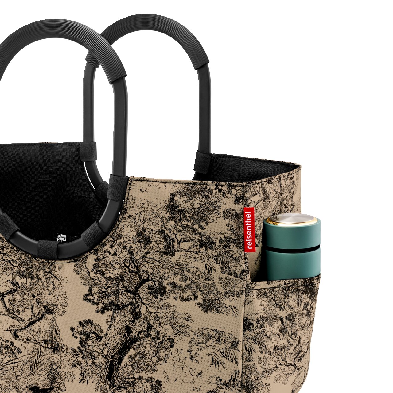 Loopshopper L mit schwarzem Griff und beige-schwarzem Baum-Muster, seitliche Perspektive, mit einer Dose in der Seitentasche.