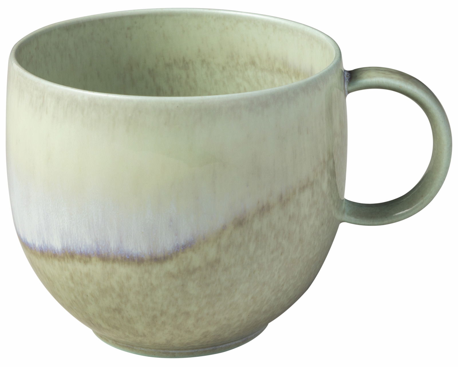 Keramikbecher mit Henkel in sanften Grüntönen, seitliche Perspektive