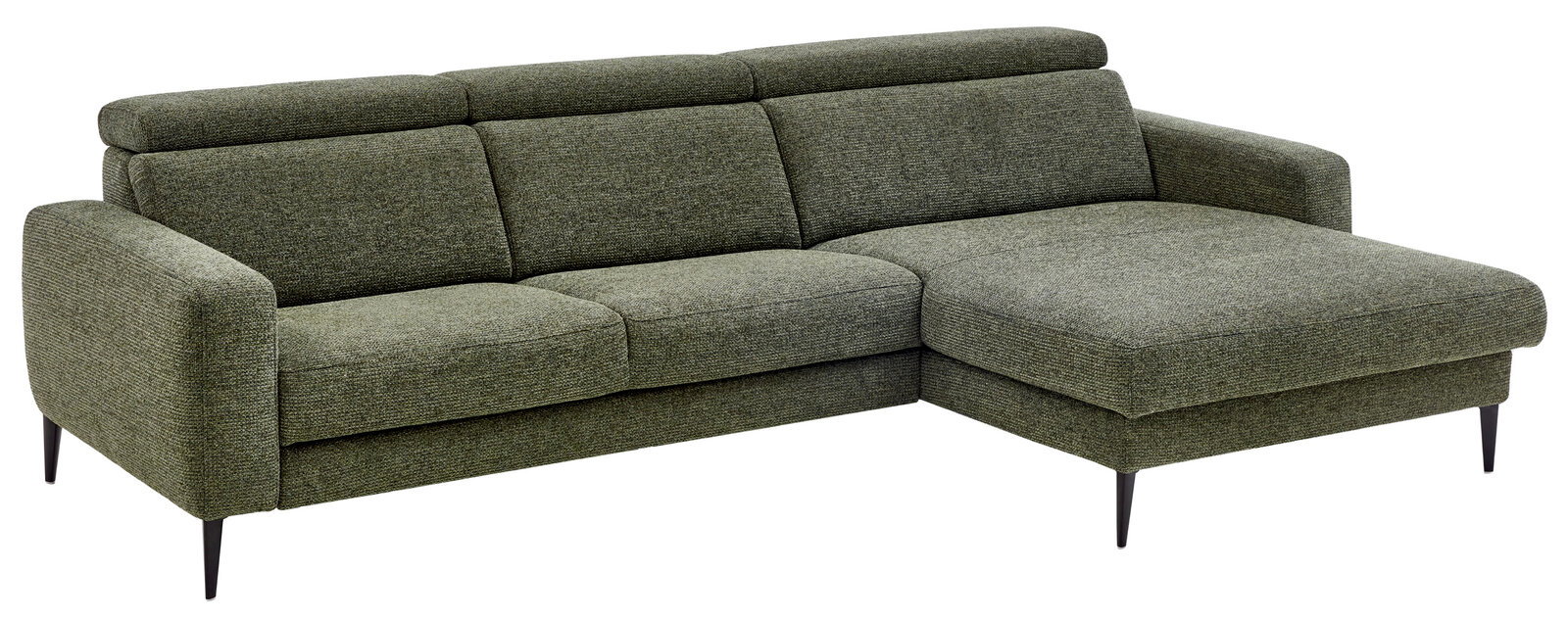 Grüne Longchairkombination mit drei Sitzplätzen und einer verlängerten Liegefläche auf der rechten Seite, seitliche Perspektive.