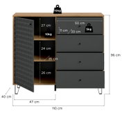 Frontansicht eines Sideboards in Holzoptik mit schwarzer, strukturierter Tür links (geöffnet) und vier schwarzen Schubladen rechts, Maße ca. 110 x 96 x 40 cm, mit eingezeichneten Innenmaßen und Belastungsangaben