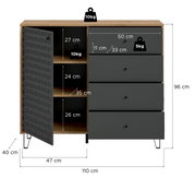 Frontansicht eines Sideboards in Holzoptik mit schwarzer, strukturierter Tür links (geöffnet) und vier schwarzen Schubladen rechts, Maße ca. 110 x 96 x 40 cm, mit eingezeichneten Innenmaßen und Belastungsangaben