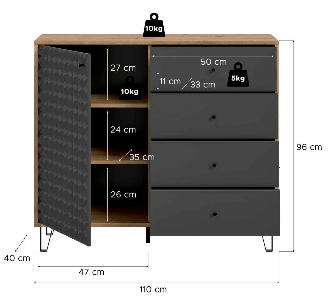 Frontansicht eines Sideboards in Holzoptik mit schwarzer, strukturierter Tür links (geöffnet) und vier schwarzen Schubladen rechts, Maße ca. 110 x 96 x 40 cm, mit eingezeichneten Innenmaßen und Belastungsangaben