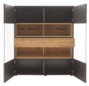 Offenes Highboard mit mehreren Fächern und Schubladen in Holzoptik, frontale Ansicht