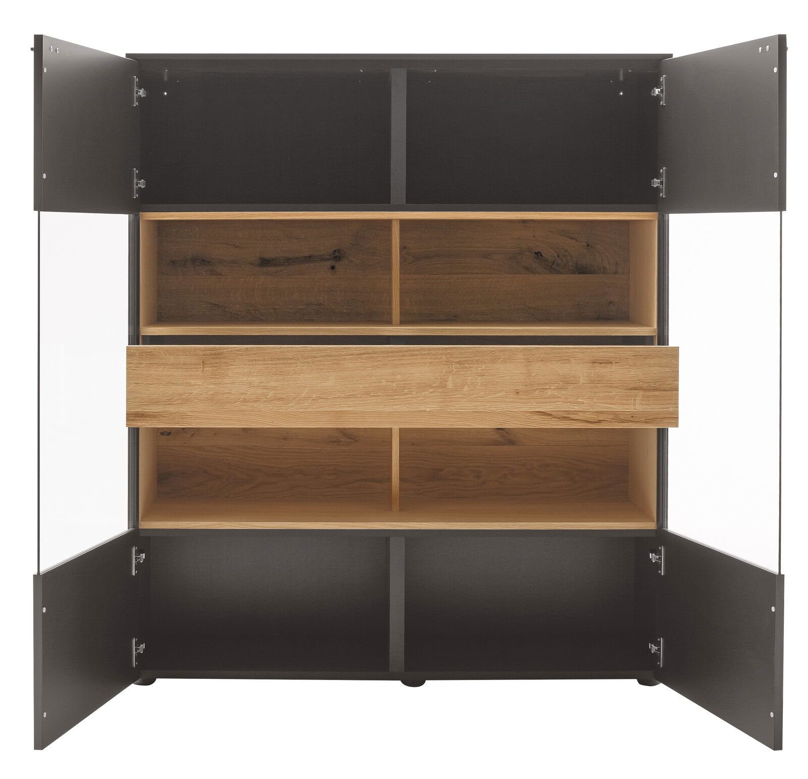 Offenes Highboard mit mehreren Fächern und Schubladen in Holzoptik, frontale Ansicht