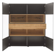 Offenes Highboard mit mehreren Fächern und Schubladen in Holzoptik, frontale Ansicht