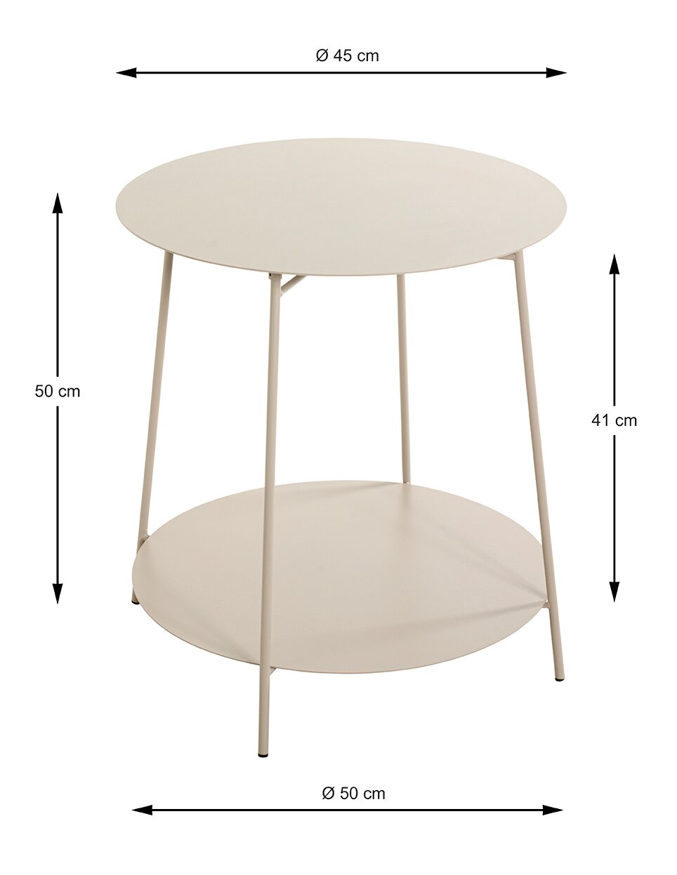 Runder, beigefarbener Beistelltisch aus Metall mit Ablageboden, Ø 45 cm Tischplatte, Ø 50 cm Boden, Höhe 50 cm (Ablagehöhe 41 cm), freigestellt in schräger Frontansicht.